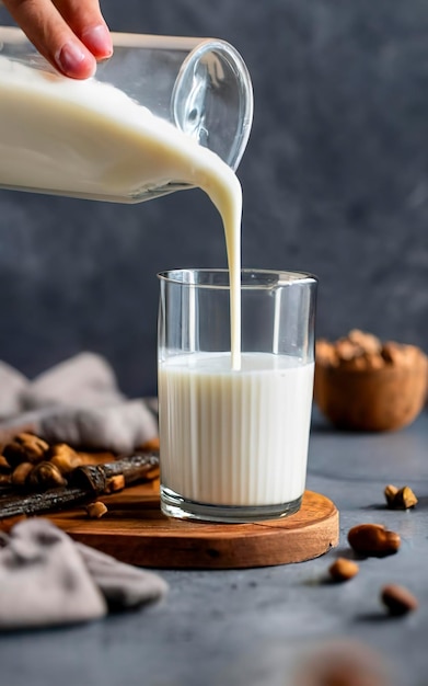 being poured from a bottle in a glass milk