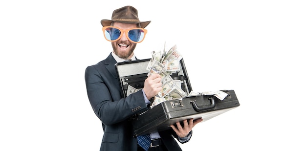 Being rich Rich man isolated on white Happy showman hold suitcase with money Cash prize