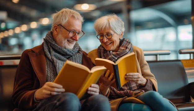 Bejaard echtpaar dat elk een boek leest in de wachtkamer op de luchthaven Generatieve AI