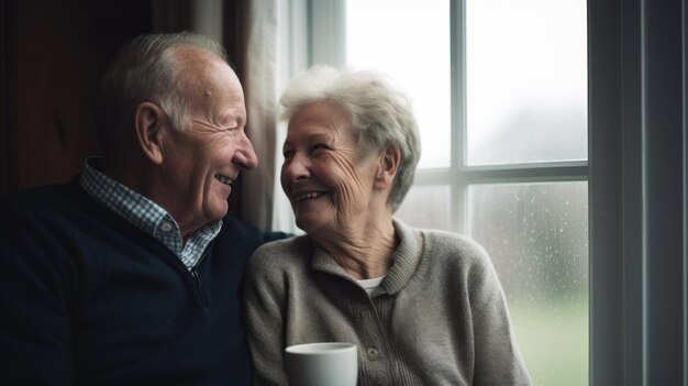 Bejaard echtpaar drinkt samen koffie.