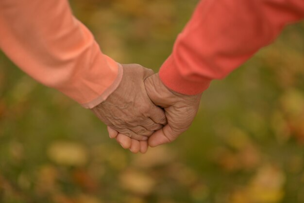 Bejaard echtpaar hand in hand in herfstpark