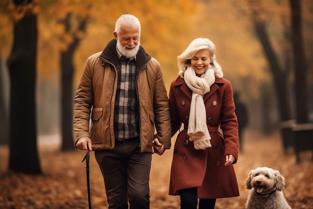 Bejaard echtpaar maakt een wandeling in een herfstpark met hun hond Generative AI