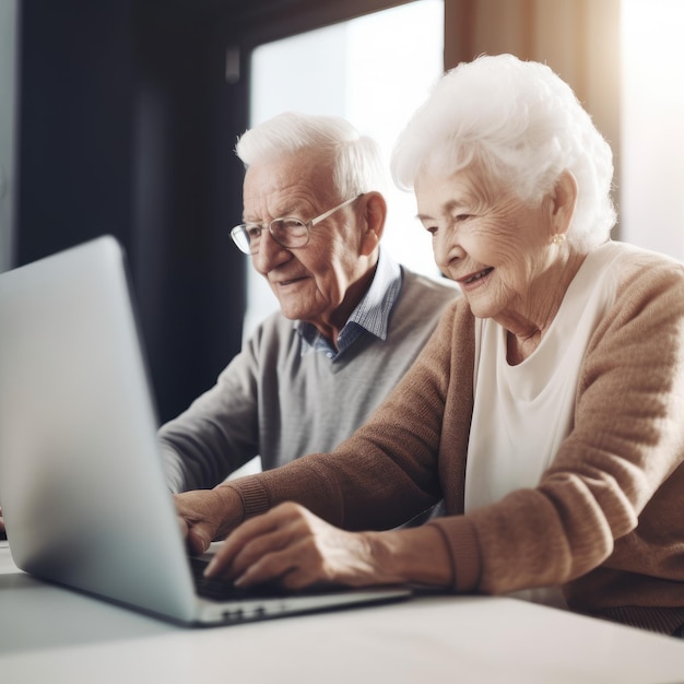 Bejaard echtpaar met behulp van een laptop
