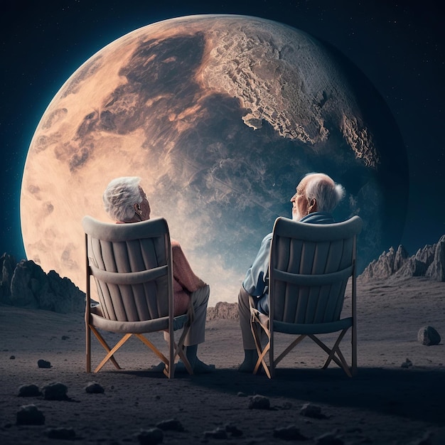 Foto bejaard echtpaar rusten tegen de maan generatieve ai