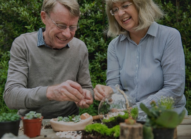 Bejaard paar dat van terrariumhobby geniet