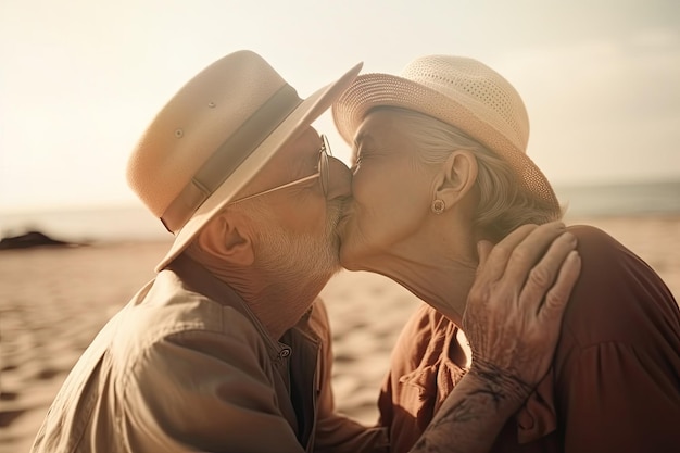 Bejaard stel omhelst en kust elkaar op het strand afgebeeld in fotorealistische pastiche die de charme van de gouden eeuw weerspiegelt Generatieve AI