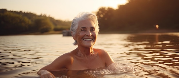 Bejaarde dame geniet van de natuur aan de rivier in de zomer en geniet van eenvoudige genoegens