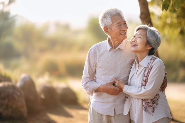 Bejaarde echtpaar knuffelen in het park plezier lachen samen een grapje gelukkig paar een gelukkige tijd glimlachend genieten van familie vakantie senior liefde concept romantiek liefde