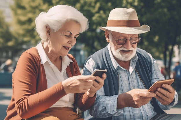 Bejaarde echtpaar met behulp van telefoon Senioren zitten in het park met smartphone Genereer ai