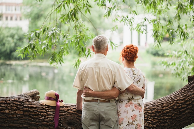 Bejaarde echtpaar wandelen in het park, liefhebbers, liefde buiten de tijd, zomerwandelingen