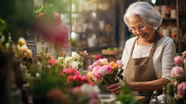 Bejaarde vriendelijke vrouw bloemist in een bloemenwinkel Een vrouw bereidt boeketten voor verkoop Kleine bedrijven AI