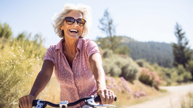 Bejaarde vrouw die op een fiets rijdt