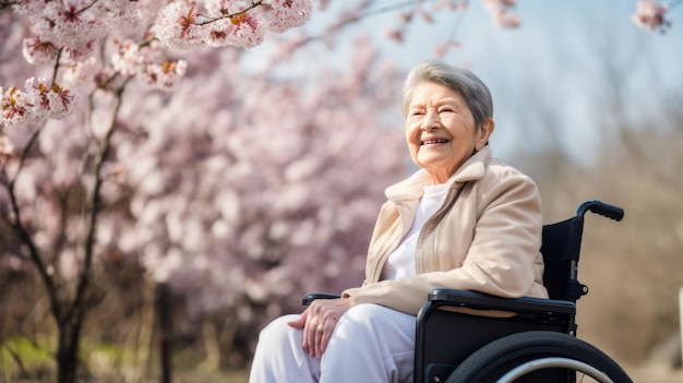 Bejaarde vrouw in een rolstoel tegen een achtergrond van kersenbloesems