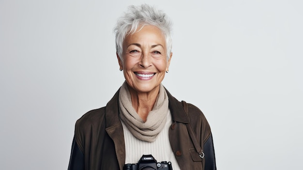 Bejaarde vrouw poseren vrolijk voor een witte achtergrond lachend naar de camera