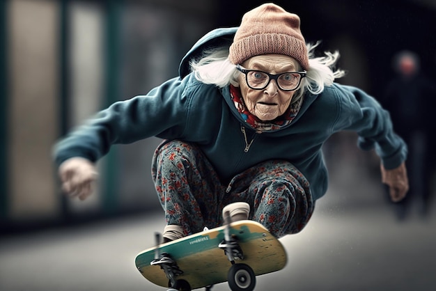 Foto bejaarde vrouw skateboarden op straat in de stad