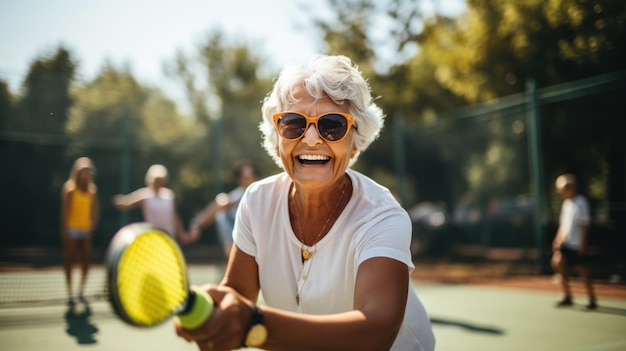 Bejaarde vrouw tennissen met een glimlach op haar gezicht