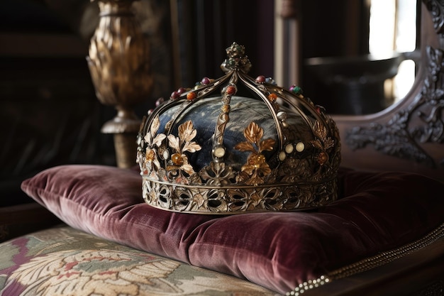 生成 AI で作成された中世風の設定のベルベットの枕の上に宝石をちりばめた王冠