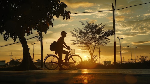 Photo bekasi indonesia january 12 2022 silhouette of a man and a bicycle in the afternoon