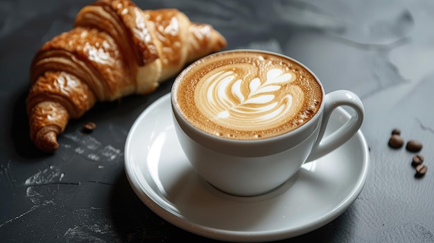 Foto beker cappuccino met een prachtige creme latte kunst en een croissant aan de zijkant op een koffie winkel tafel zijzicht zwarte achtergrond