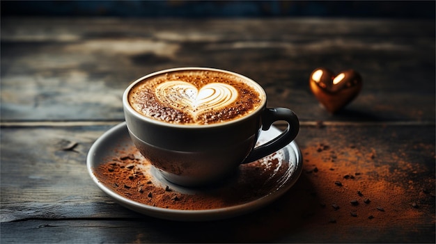 Beker cappuccino met latte op een houten tafel.