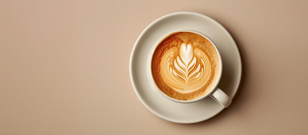 Foto beker en schotel met cappuccino drank op beige achtergrond