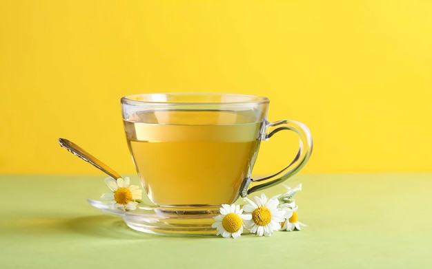 Beker kamille thee en kamille bloemen op een groene tafel tegen een gele achtergrond