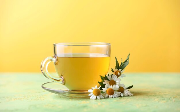 Beker kamille thee en kamille bloemen op een groene tafel tegen een gele achtergrond