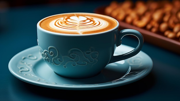Beker koffie en bord met een halve maan latte kunstontwerp op blauwe achtergrond