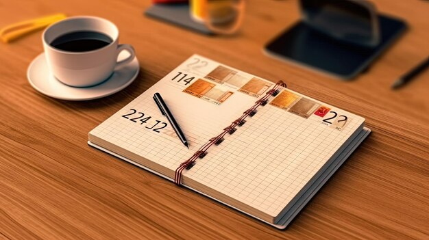 Beker koffie en notitieboek met pencompositie bovenaan