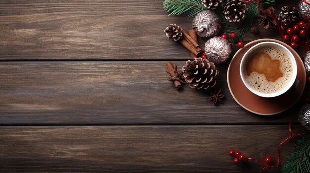 Beker koffie met kerstversieringen op houten achtergrond