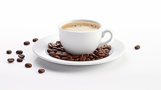 Beker koffie met koffiebonen op witte achtergrond close-up