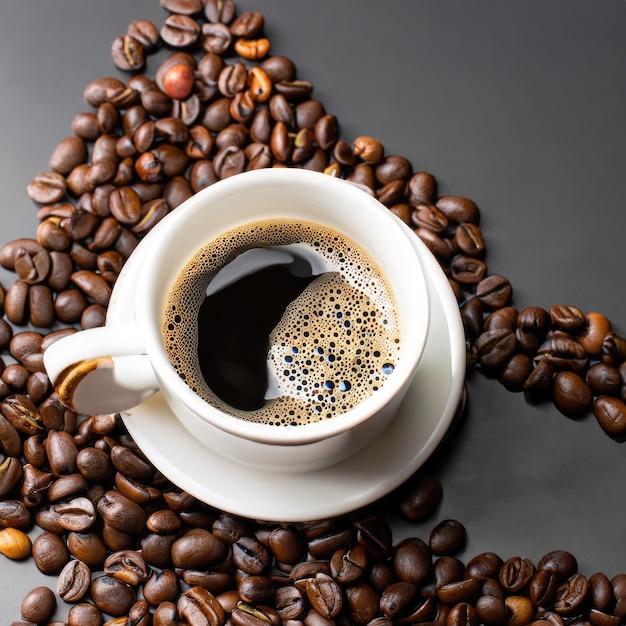 Beker koffie met rook en koffiebonen op zwarte achtergrond