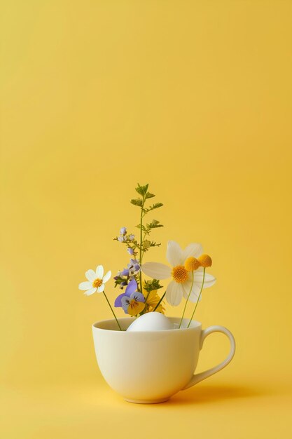 Beker met bloemen en paasei op een gele achtergrond