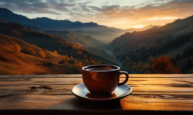 Beker met hete koffie op een houten tafel tegen de achtergrond van zonsopgang en bergen generatieve AI