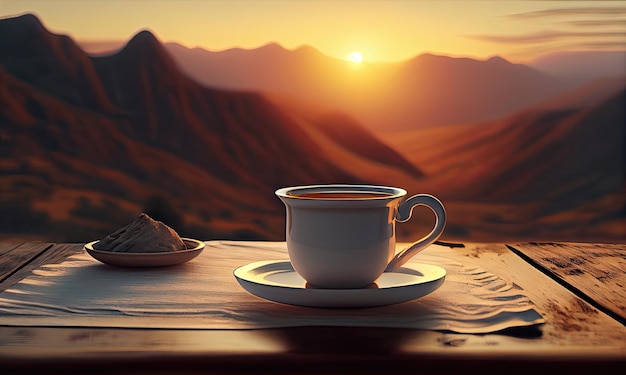 Beker met hete koffie op een houten tafel tegen de achtergrond van zonsopgang en bergen generatieve AI