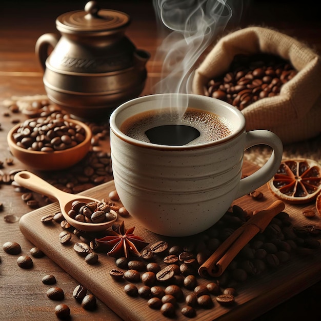 Beker met warme drank bij koffiebonen