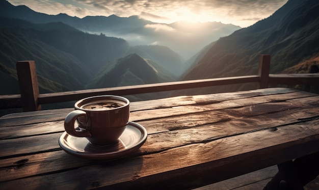 Beker met warme koffie op een houten tafel tegen de achtergrond van zonsopgang en bergen generatieve AI