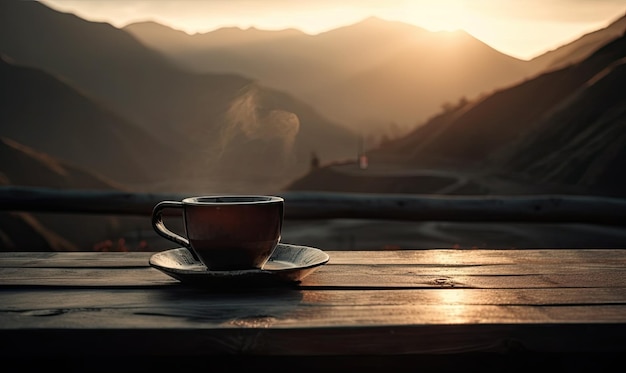 Beker met warme koffie op een houten tafel tegen de achtergrond van zonsopgang en bergen generatieve AI