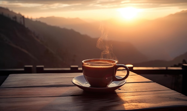 Beker met warme koffie op een houten tafel tegen de achtergrond van zonsopgang en bergen generatieve AI