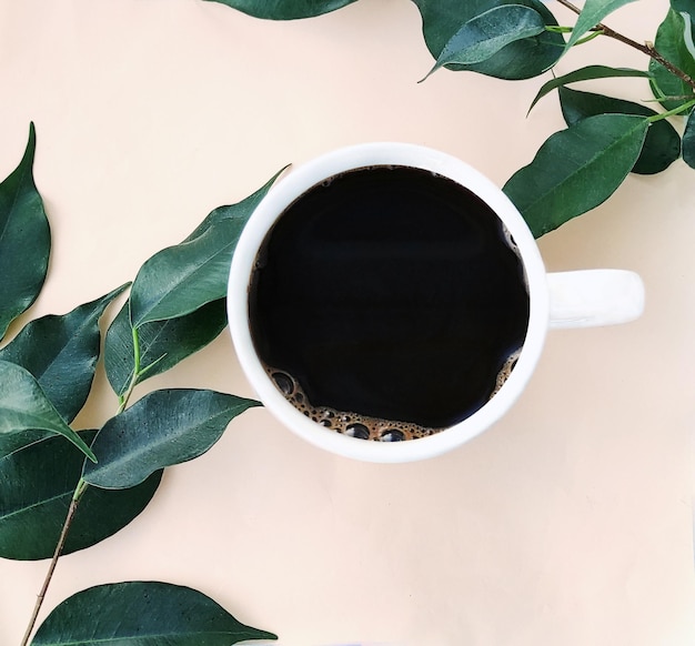 Beker met zwarte koffie espresso op roze achtergrond Groene planten in de buurt zijn takken Goedemorgen