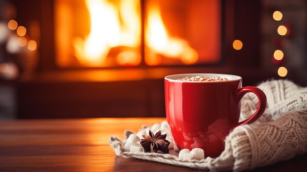 beker warme chocolade of koffie bij de kerstkamin Vrouw ontspant zich bij het warme vuur met een kop warme drank Winter kerstvakantie concept