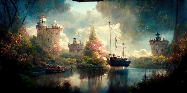 Bekijk door een prachtig betoverend sprookjesbos op een kasteel en een zeilschip, 3d render.