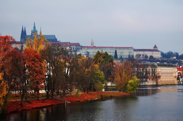 Bekijk landschap stadsgezicht van de stad Praha en de rivier de Moldau terwijl herfst herfst in de tuin openbaar park voor Tsjechië mensen buitenlandse reizigers wandelen ontspannen reizen bezoek ochtendtijd in Praag, Tsjechië