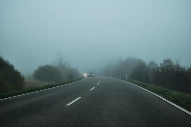 Bekijk landschapsverkeersweg en snelweg met mist in de ochtendtijd voor mensen rijden met de fiets naar de hoofdstad van straatsburg in de regio grand est in frankrijk, vlakbij de grens met duitsland