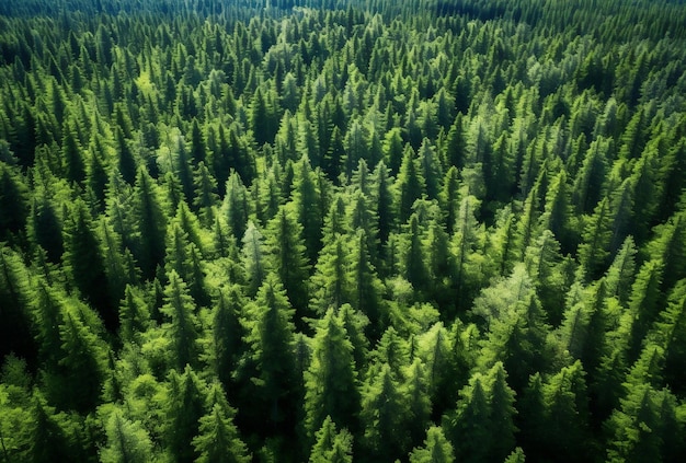 Bekijk van bovenaf het groene zomerbos met sparren- en dennenbomen