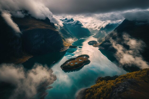 Bekijk van bovenaf om dikke wolken te zien die de fjorden bedekken