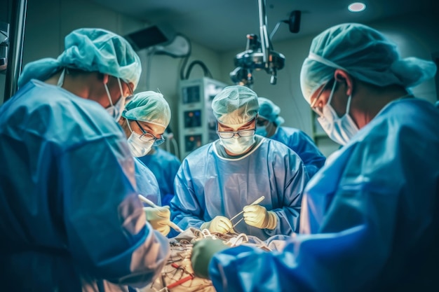 Bekwaam chirurgisch team voert een levensreddende harttransplantatie uit in een steriele operatiekamer