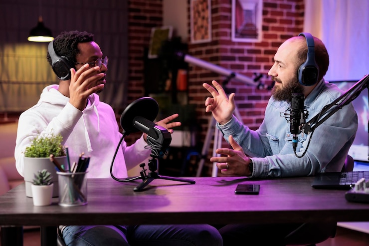 Foto bekwaam gastheer die zich bezighoudt met een vermakelijke discussie met beroemdheid tijdens een live stream in een professionele studio presentator die gebruik maakt van hoogwaardige camera's microfoons en neonlichten om de online show te verbeteren