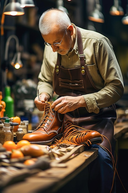 Bekwame ambachtsman die nauwgezet aan een paar handgemaakte schoenen werkt