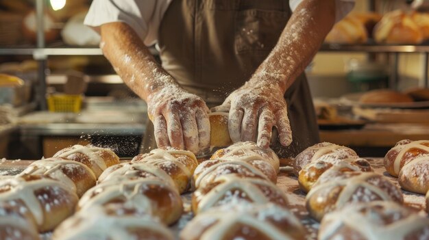 bekwame bakkerij meester het bereiden van een hete kruis buns culinaire tijdschriften